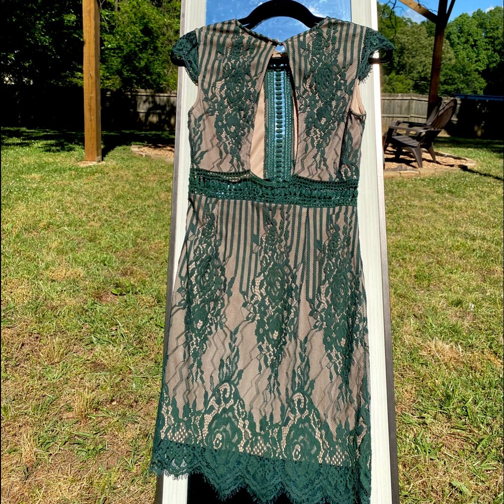 Vintage green lace dress. It has a beige mesh look underneath the green